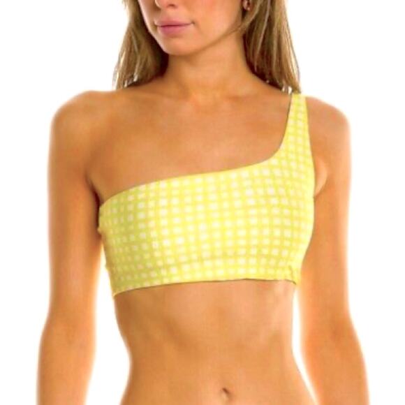 Peixoto YELLOW GINGHAM Theo Printed One Shoulder Bikini Swim Top sz M - Picture 1 of 2